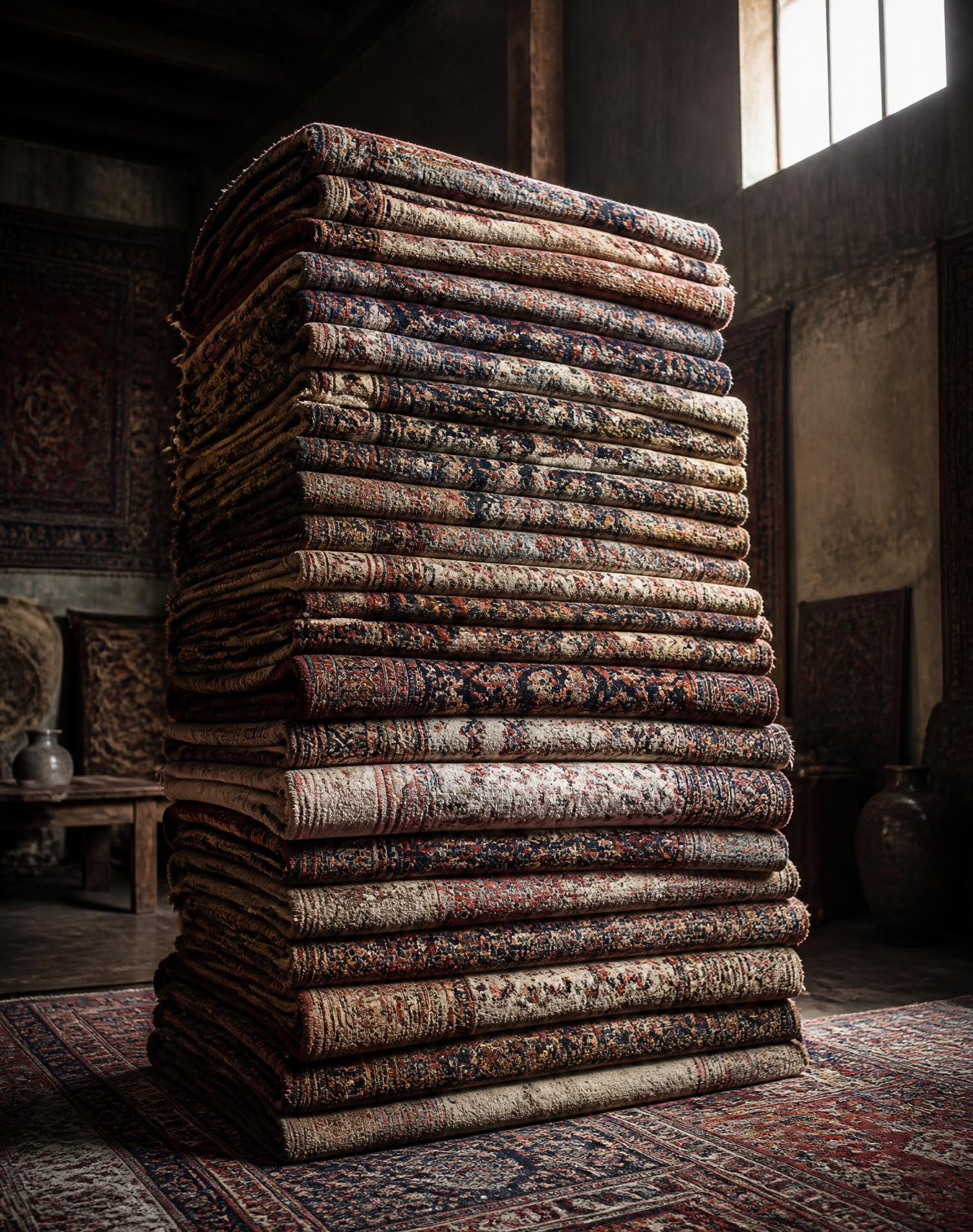 A stack of folded antique Persian rugs in the gallery